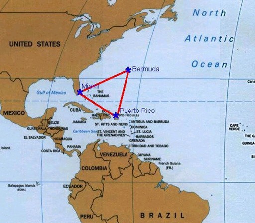 Abb. 7: Das 'Bermuda-Dreieck. Stehen die seltsamen Phänomene in dieser Region möglicherweise  im Zusammenhang mit Hinterlassenschaften der vermuteteten Zivilisation von Atlantis?