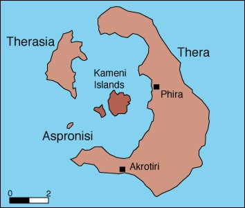 Abb. 1 Die heutigen Überreste der Vulkaninsel Thera (San Torin), die  bei einem Ausbruch, etwa im Jahr 1500 v.Chr., völlig zerstört wurde.